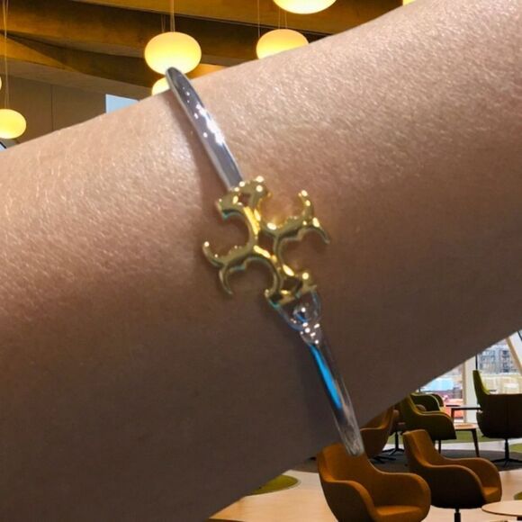 TORY BURCH LOGO DOUBLE T SILVER AND 18K GOLD BRACELET - Picture 1 of 10